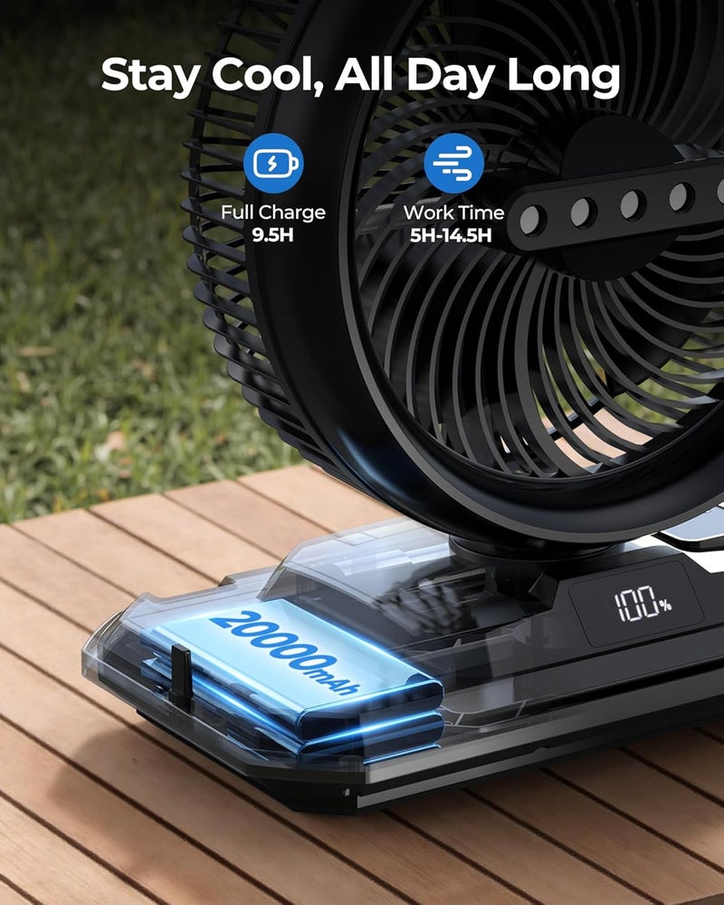 Koonie 10 Inch Camping Misting Fan 11L Tank, 20000mAh Cooling Battery Floor Fan with Remote, 4 Timers, 4 Speeds, 3 Mist Modes, 45°/90° Oscillation, 10° Tilt, Portable for Outdoors Patios, Travel - Image 5